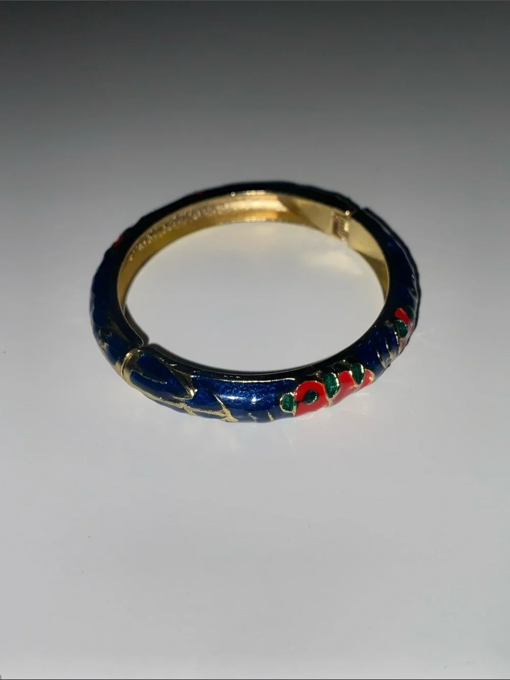 Blue Enamel Floral Hinged Bangle Bracelet